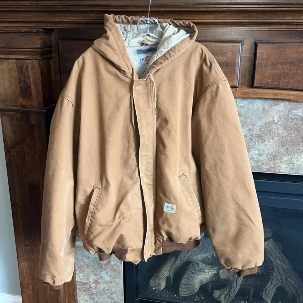 Carhartt tan flame retardant hooded work utility barn full zip jacket coat XXL